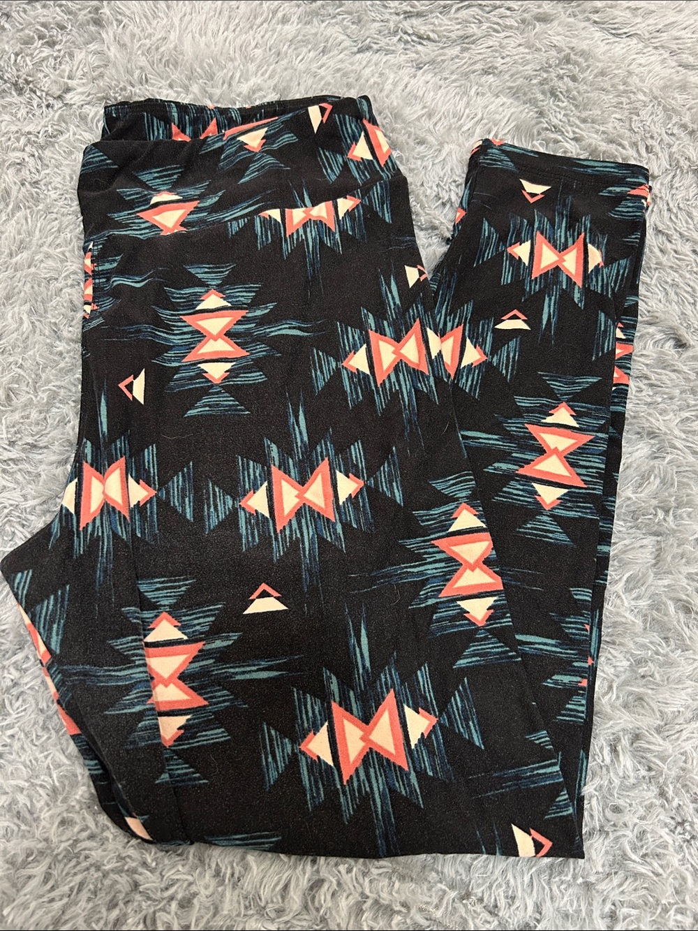 LuLaRoe Black Leggings with Coral and Teal Aztec Print Size T/C